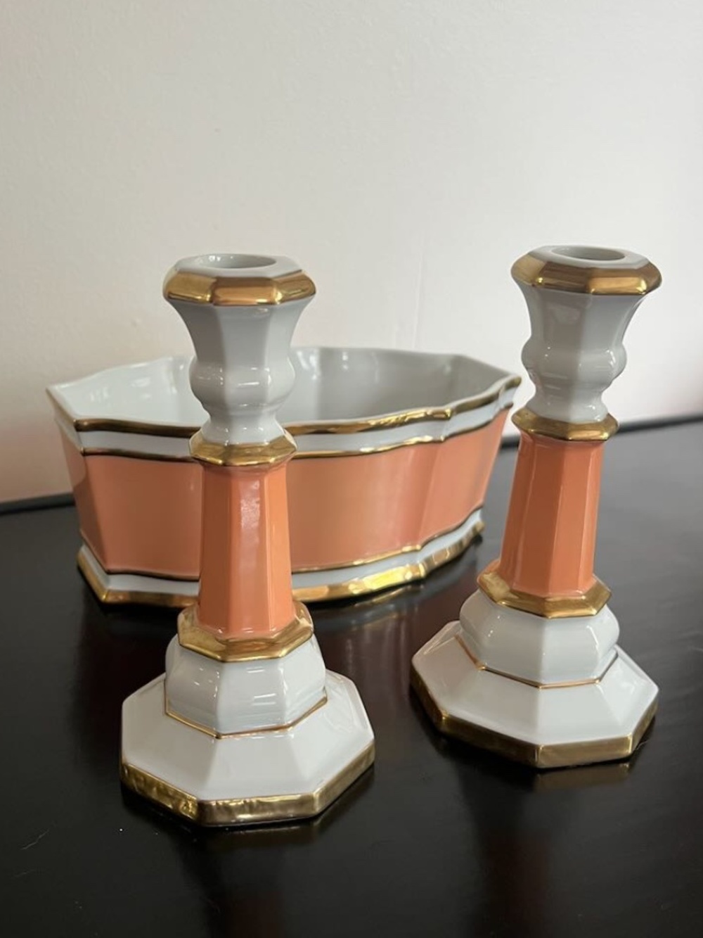 Andrea by Sadek Peach Porcelain Bowl & Candlesticks White Gold 6903 & 6901